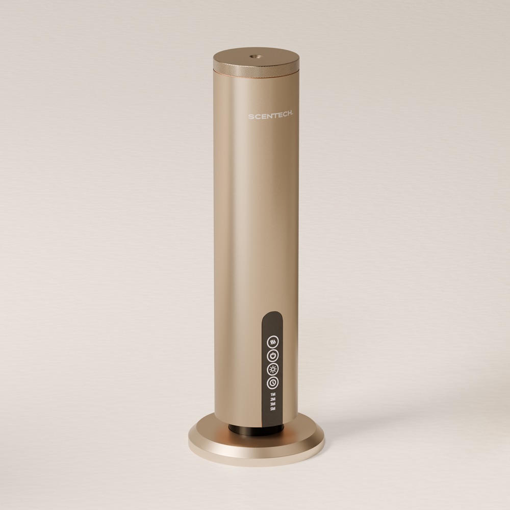 The Scentech Smart Aroma Diffuser Pro, a cylinder of aerospace-grade aluminium with a small touchscreen