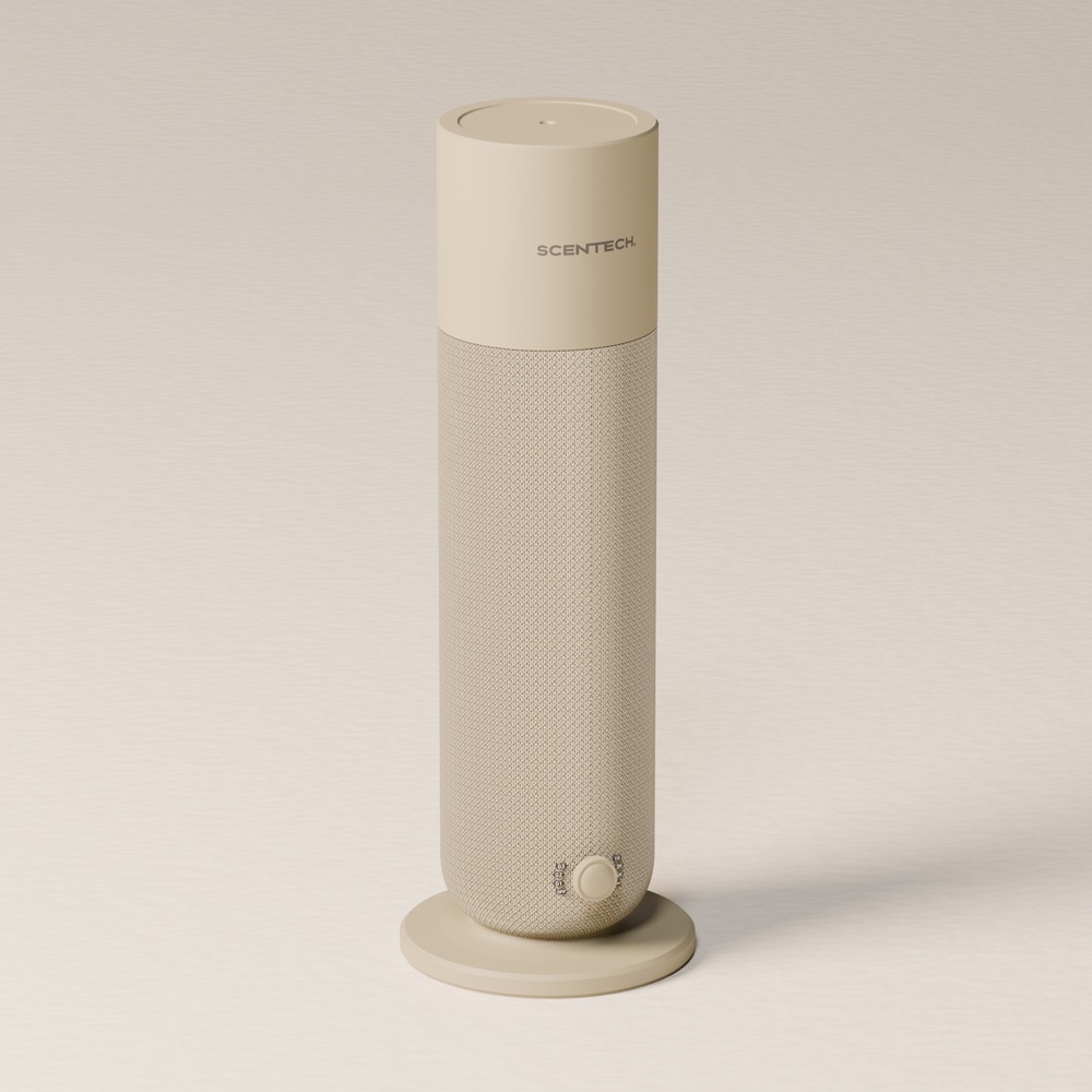 The Scentech Smart Aroma Diffuser 2 in taupe fabric with an aluminium top